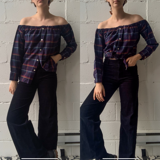 Upcycled Off-The-Shoulder Flannel Top
